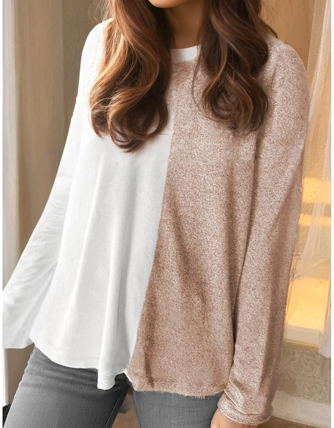 Khaki Colorblock Long Sleeve Crew Neck Top, 12 of 11