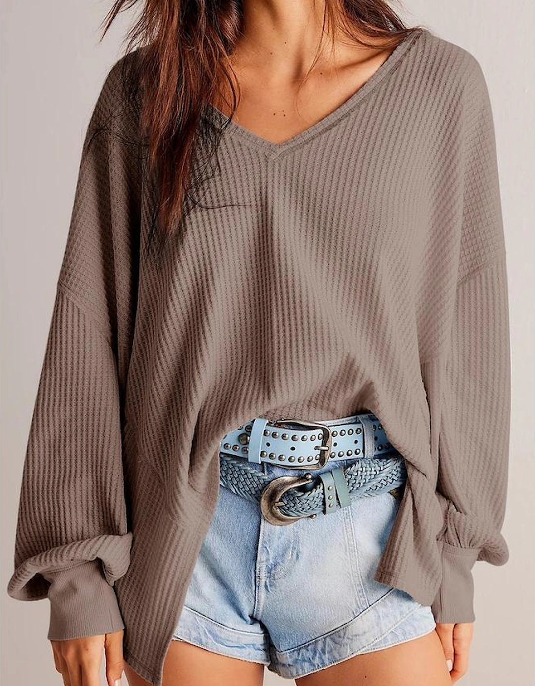 Coffee Waffle V Neck Long Sleeve Drop Shoulder Loose Blouse