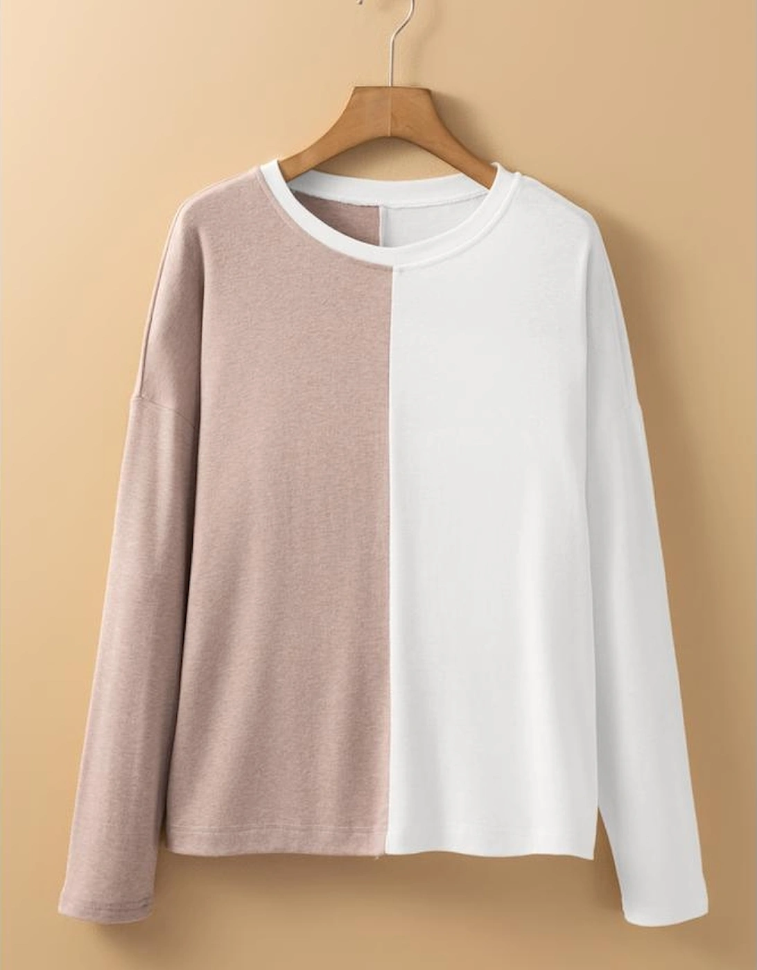 Khaki Colorblock Long Sleeve Crew Neck Top