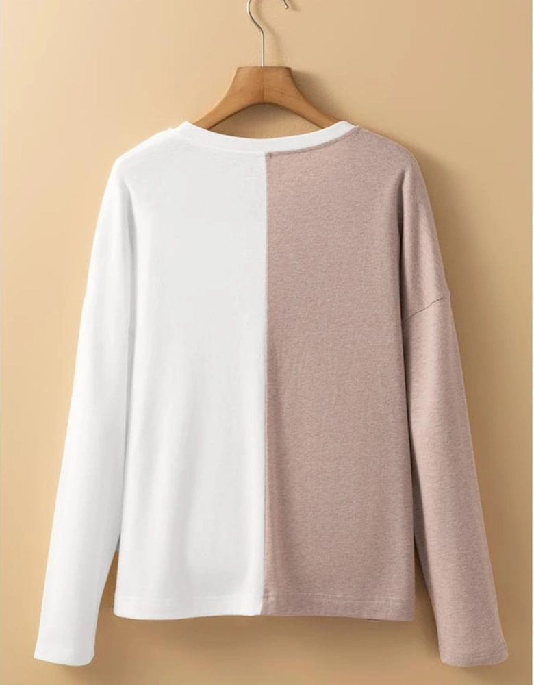 Khaki Colorblock Long Sleeve Crew Neck Top