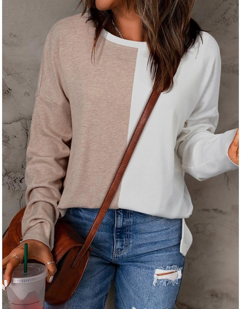 Khaki Colorblock Long Sleeve Crew Neck Top