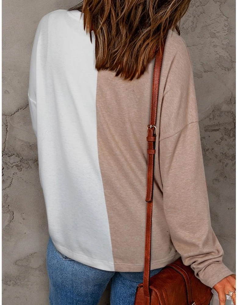 Khaki Colorblock Long Sleeve Crew Neck Top