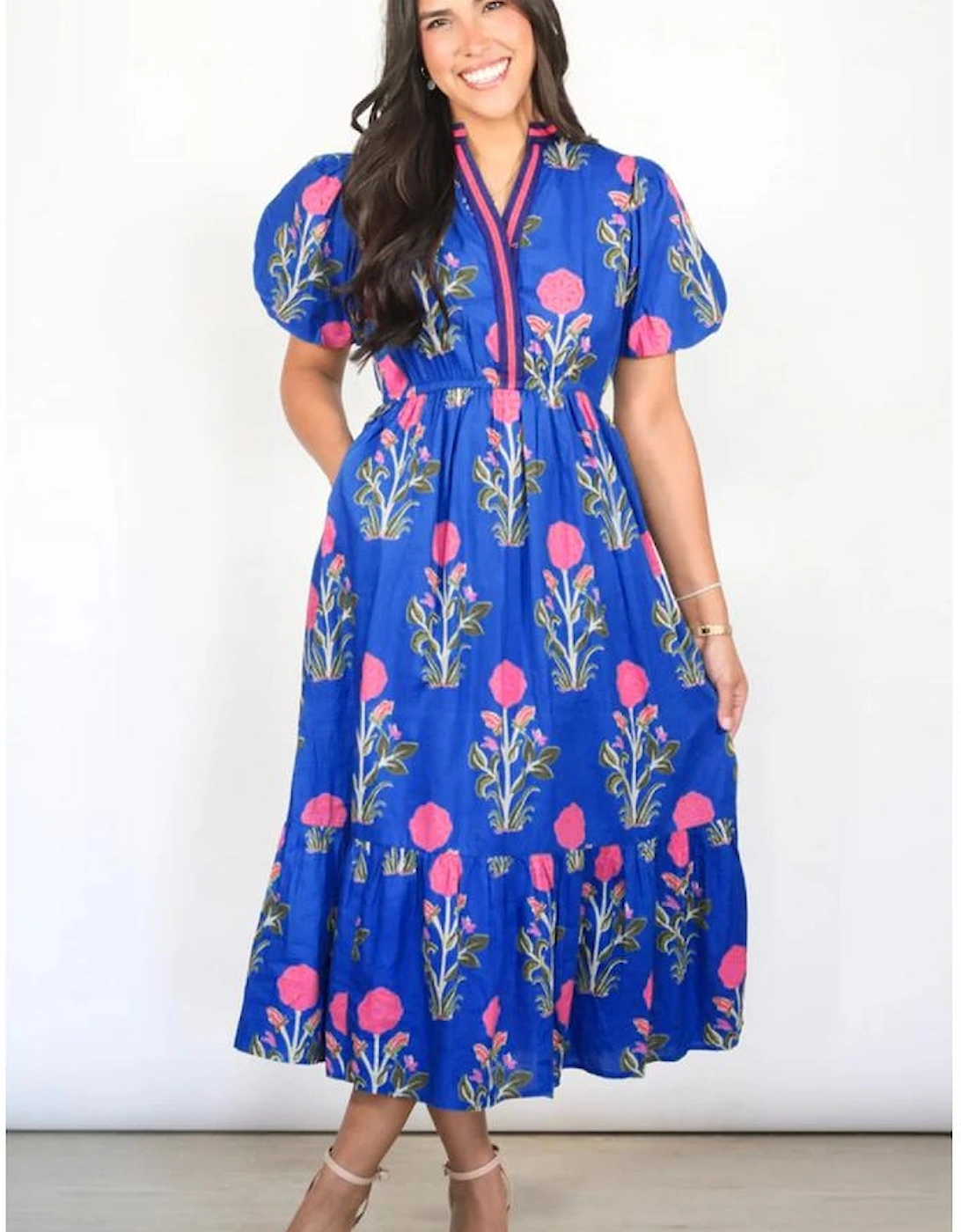 Sky Blue Floral Puff Short Sleeve V Neck High Waist Maxi Dress