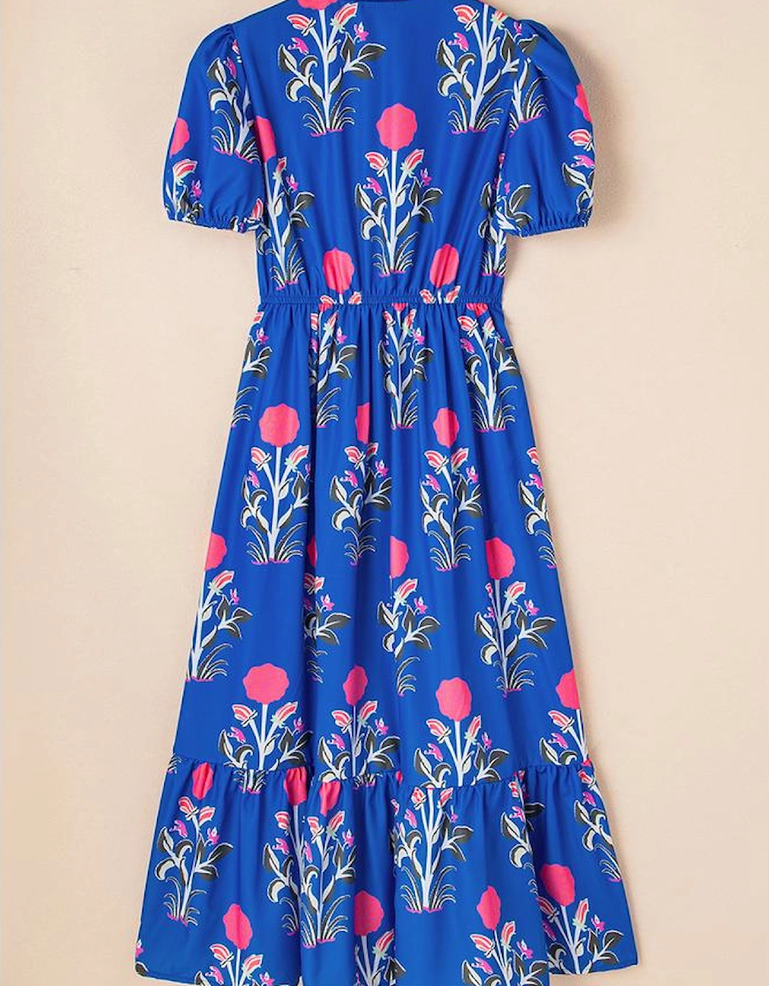 Sky Blue Floral Puff Short Sleeve V Neck High Waist Maxi Dress