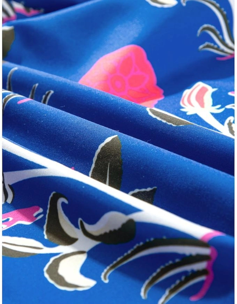 Sky Blue Floral Puff Short Sleeve V Neck High Waist Maxi Dress