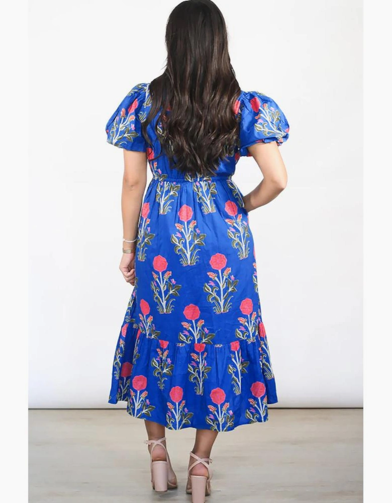 Sky Blue Floral Puff Short Sleeve V Neck High Waist Maxi Dress