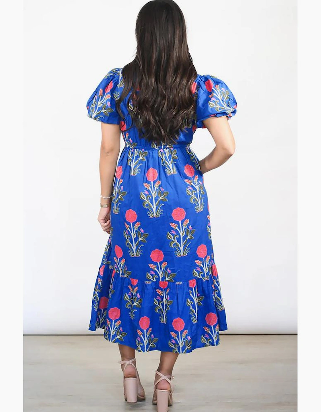 Sky Blue Floral Puff Short Sleeve V Neck High Waist Maxi Dress, 13 of 12