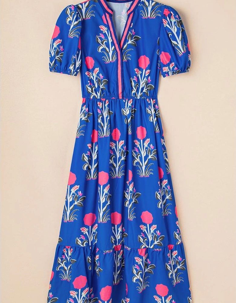 Sky Blue Floral Puff Short Sleeve V Neck High Waist Maxi Dress