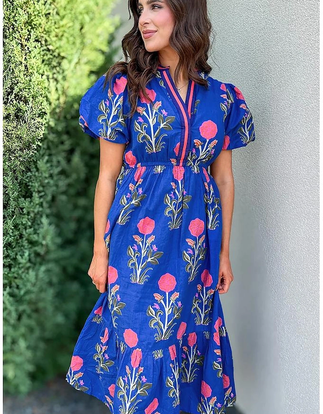 Sky Blue Floral Puff Short Sleeve V Neck High Waist Maxi Dress