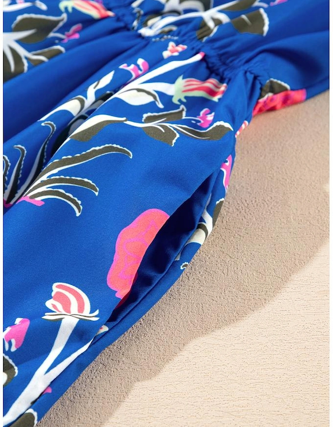 Sky Blue Floral Puff Short Sleeve V Neck High Waist Maxi Dress