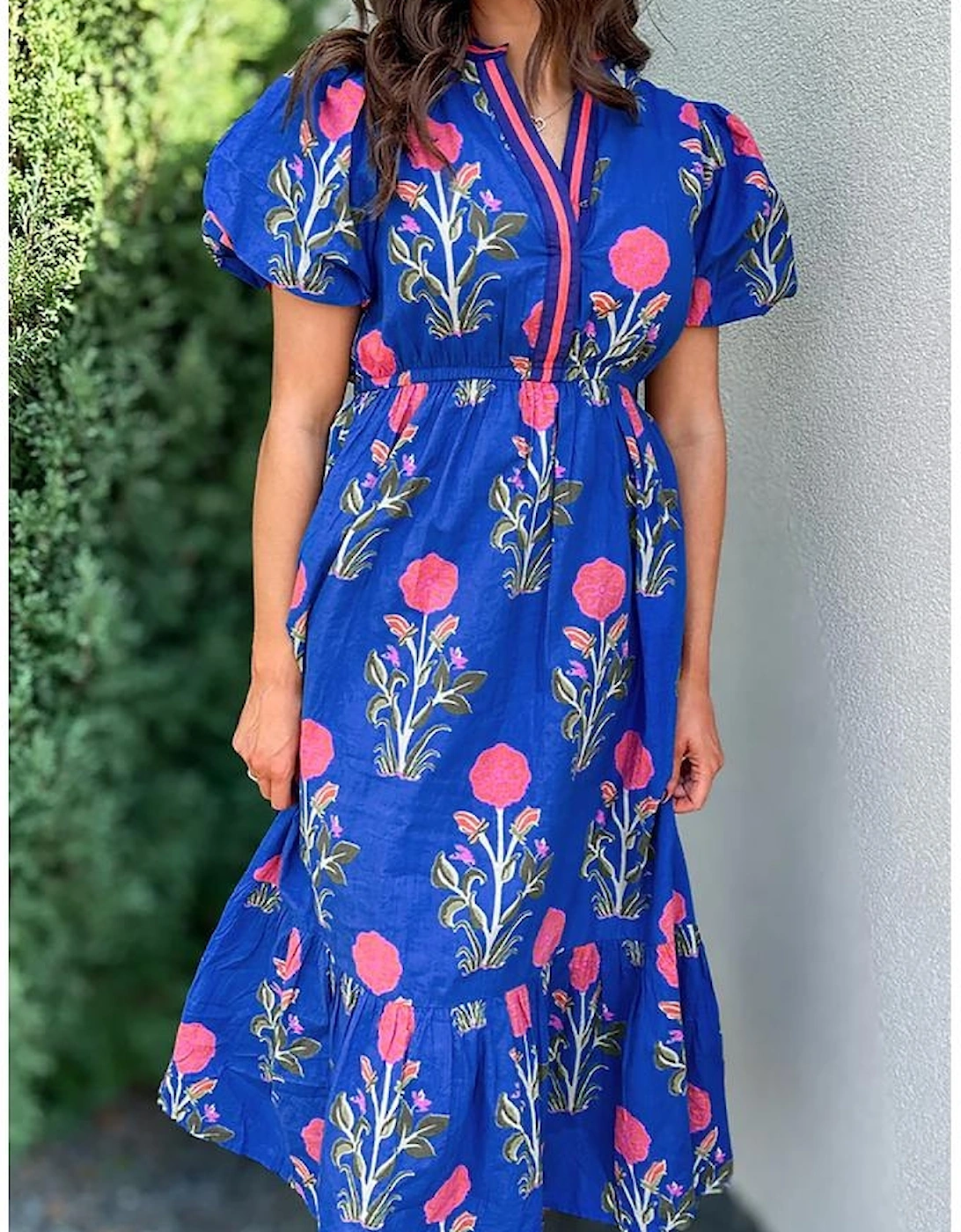 Sky Blue Floral Puff Short Sleeve V Neck High Waist Maxi Dress