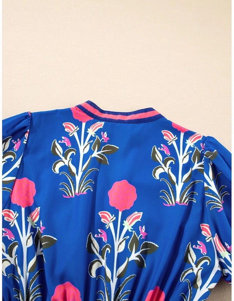 Sky Blue Floral Puff Short Sleeve V Neck High Waist Maxi Dress