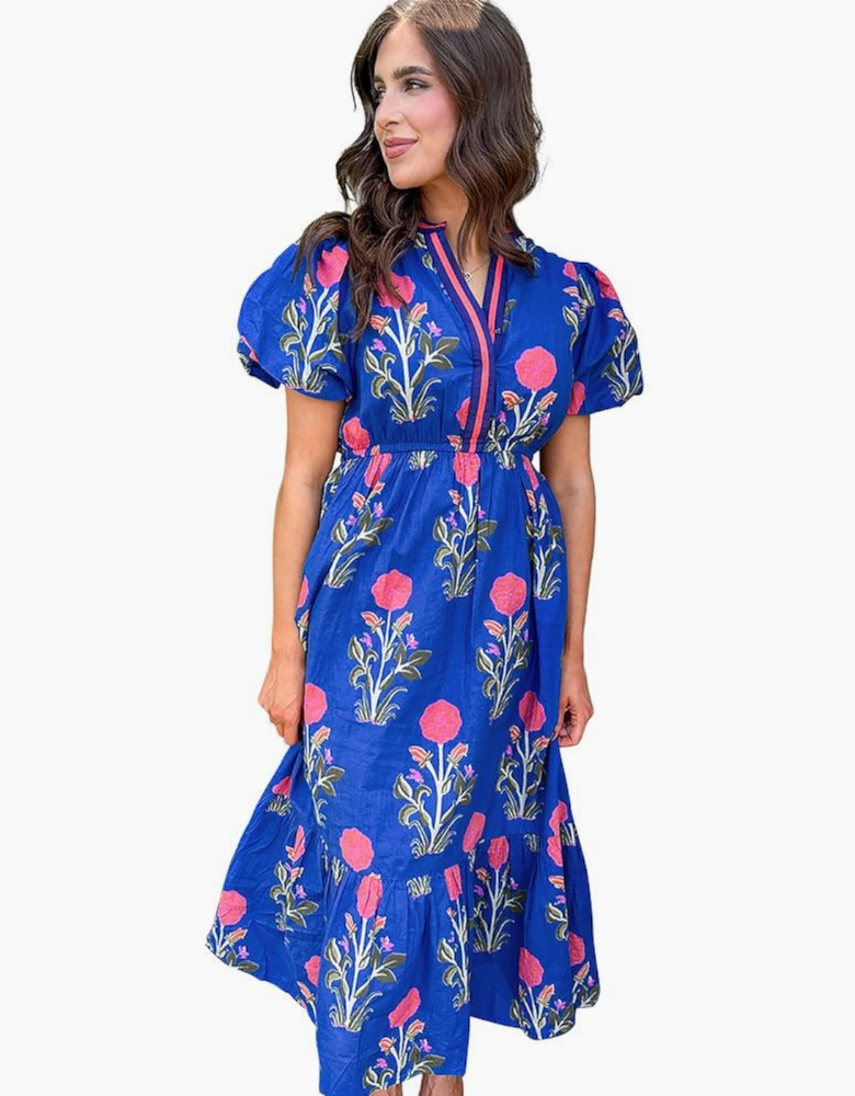 Sky Blue Floral Puff Short Sleeve V Neck High Waist Maxi Dress