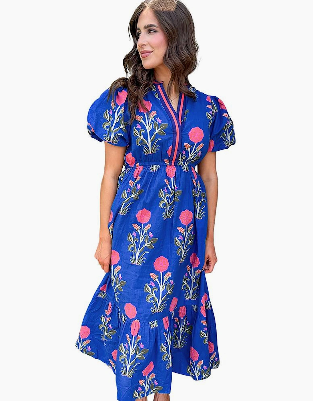 Sky Blue Floral Puff Short Sleeve V Neck High Waist Maxi Dress