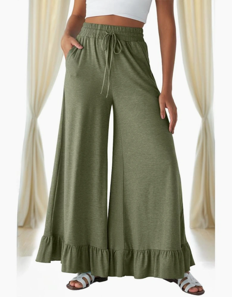 Jungle Green Ruffled Wide Leg Pull On High Waist Pants with Pockets