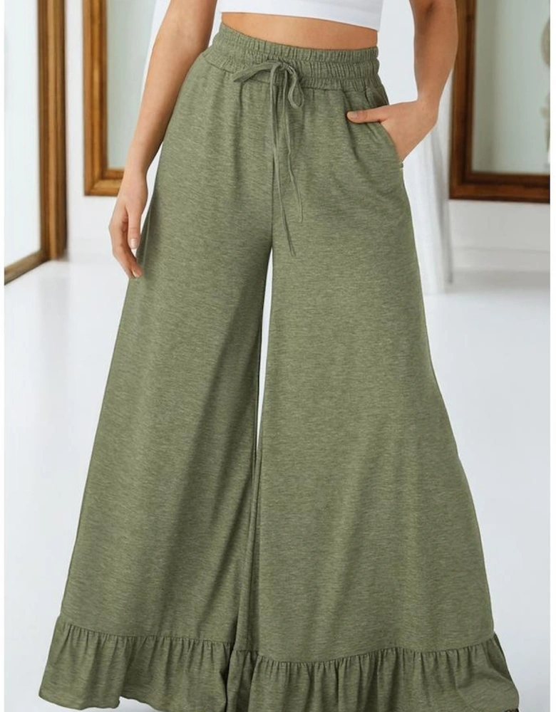 Jungle Green Ruffled Wide Leg Pull On High Waist Pants with Pockets