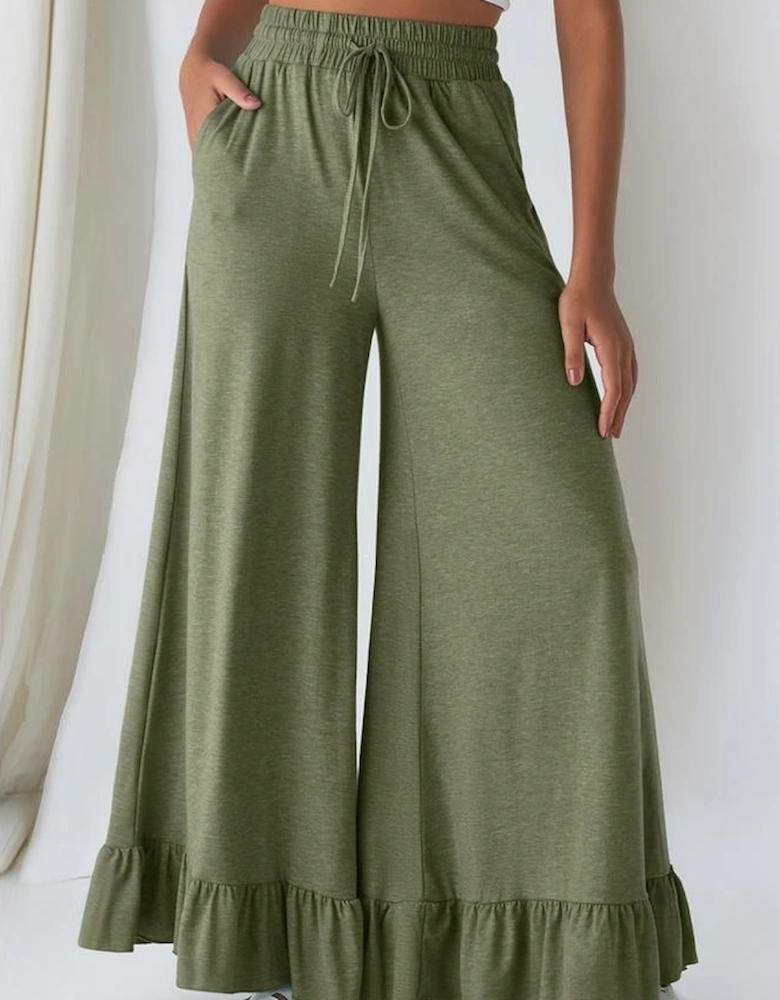 Jungle Green Ruffled Wide Leg Pull On High Waist Pants with Pockets