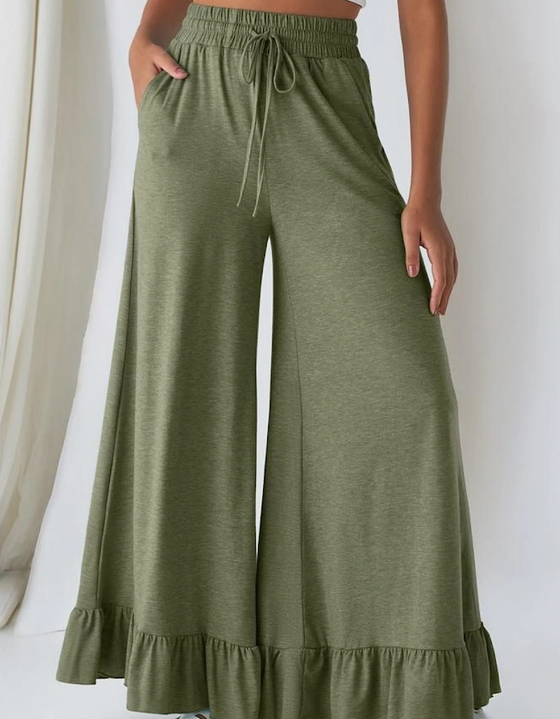 Jungle Green Ruffled Wide Leg Pull On High Waist Pants with Pockets, 4 of 3