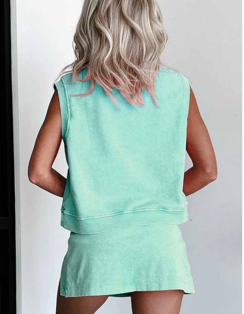 Mint Green 2 Pieces Mineral Wash Cotton Tank Top Lined Split Skirt Set