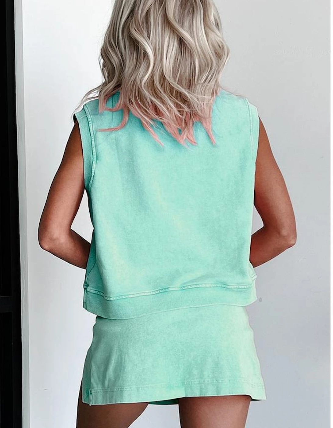Mint Green 2 Pieces Mineral Wash Cotton Tank Top Lined Split Skirt Set, 7 of 6