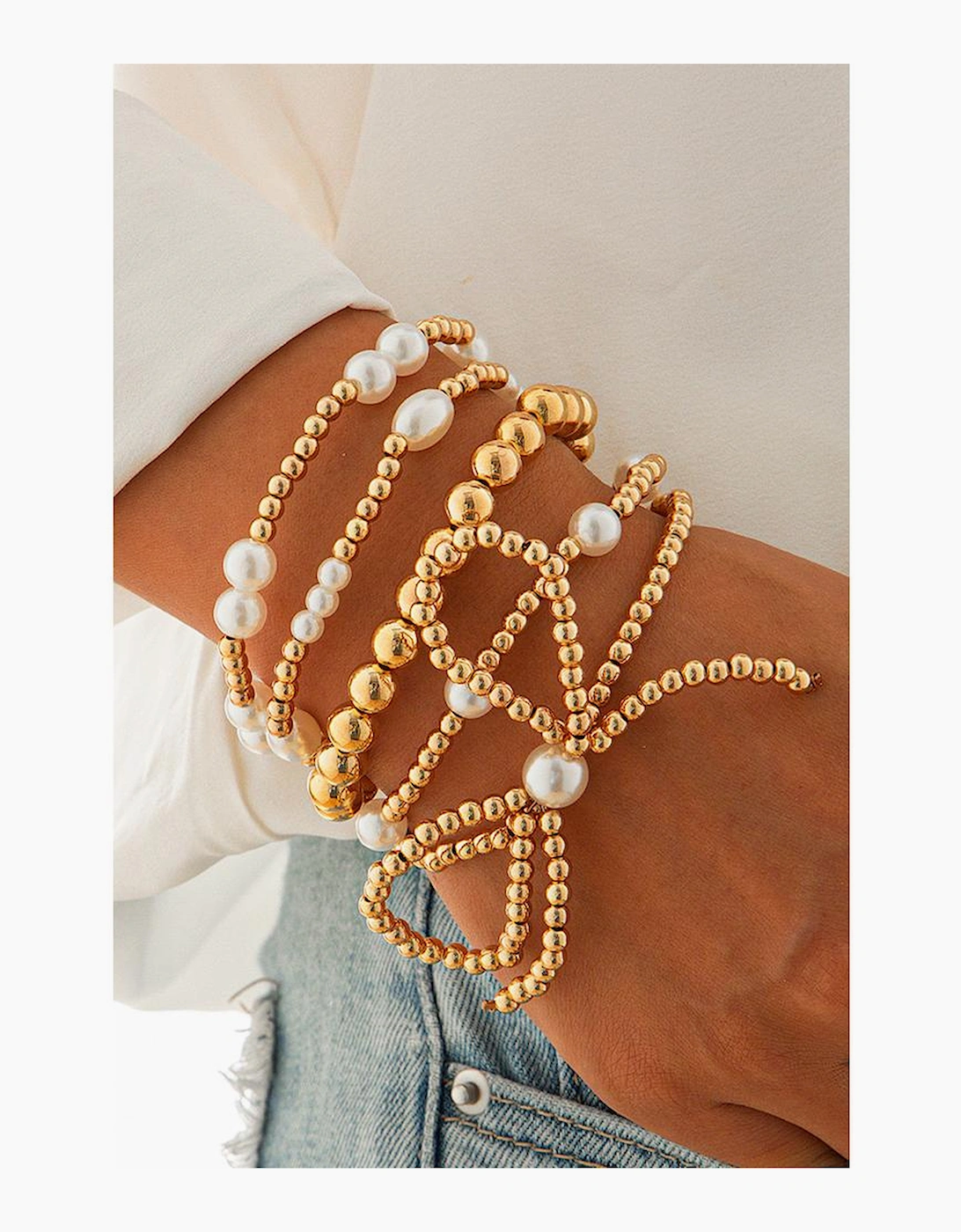 Gold Bow Knot Pearl Beaded Multi Layered Bracelet Set, 7 of 6