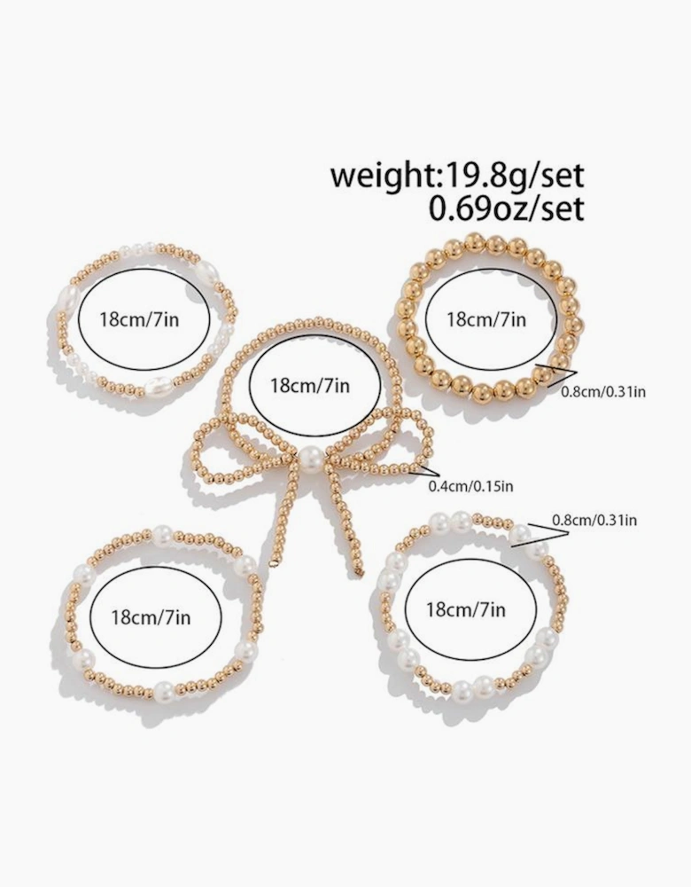 Gold Bow Knot Pearl Beaded Multi Layered Bracelet Set