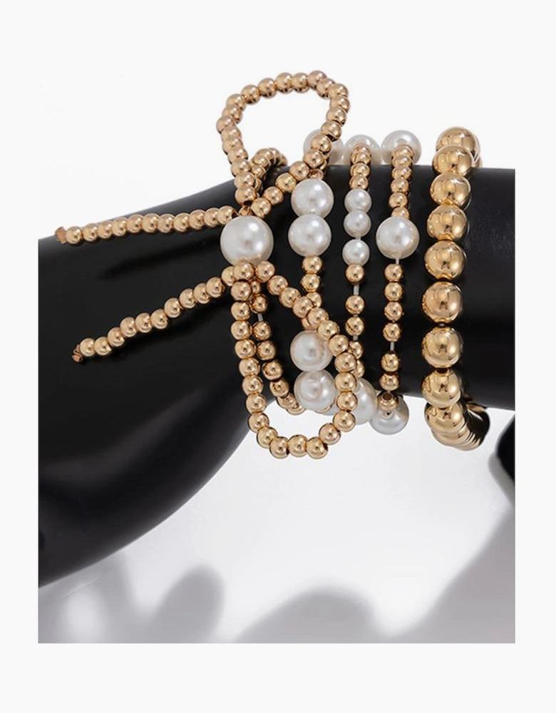Gold Bow Knot Pearl Beaded Multi Layered Bracelet Set