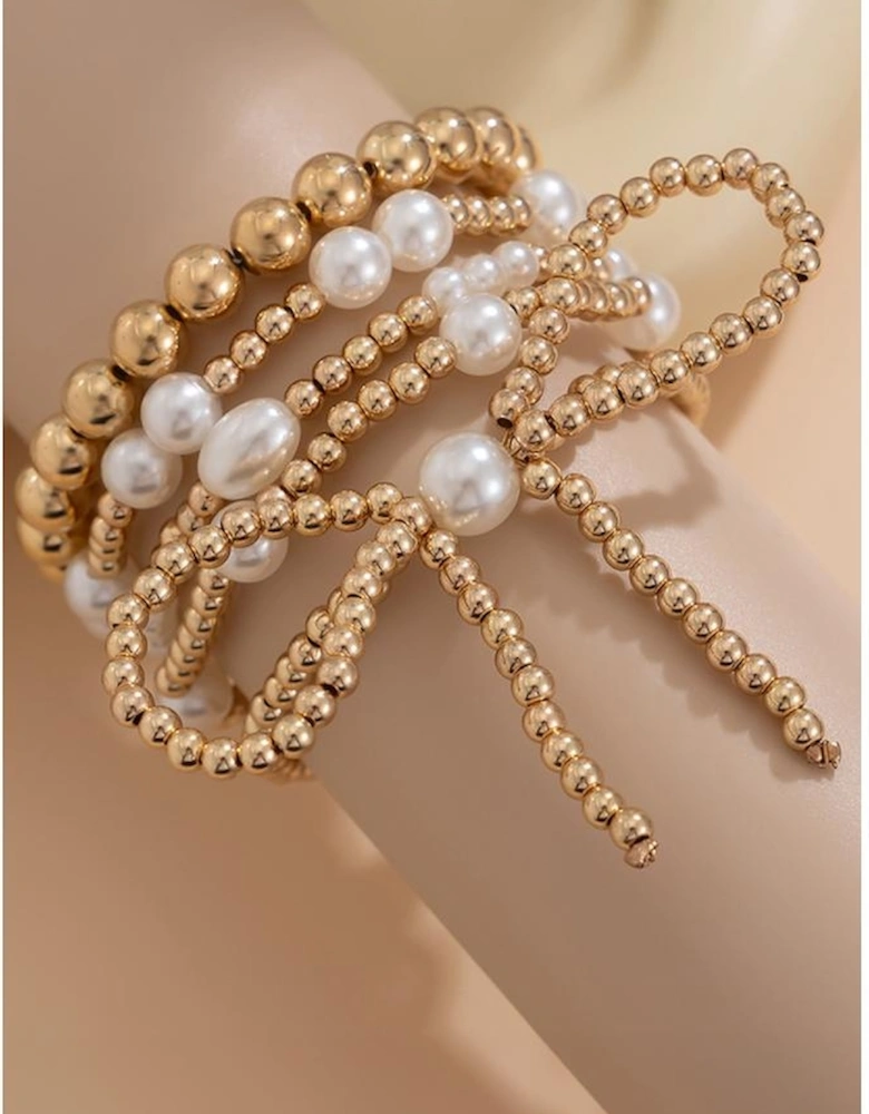 Gold Bow Knot Pearl Beaded Multi Layered Bracelet Set