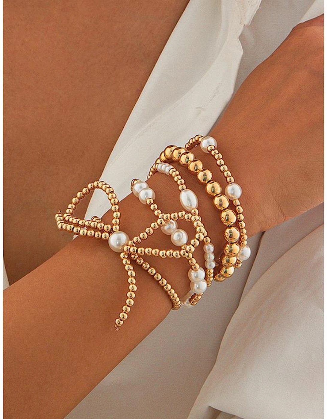 Gold Bow Knot Pearl Beaded Multi Layered Bracelet Set