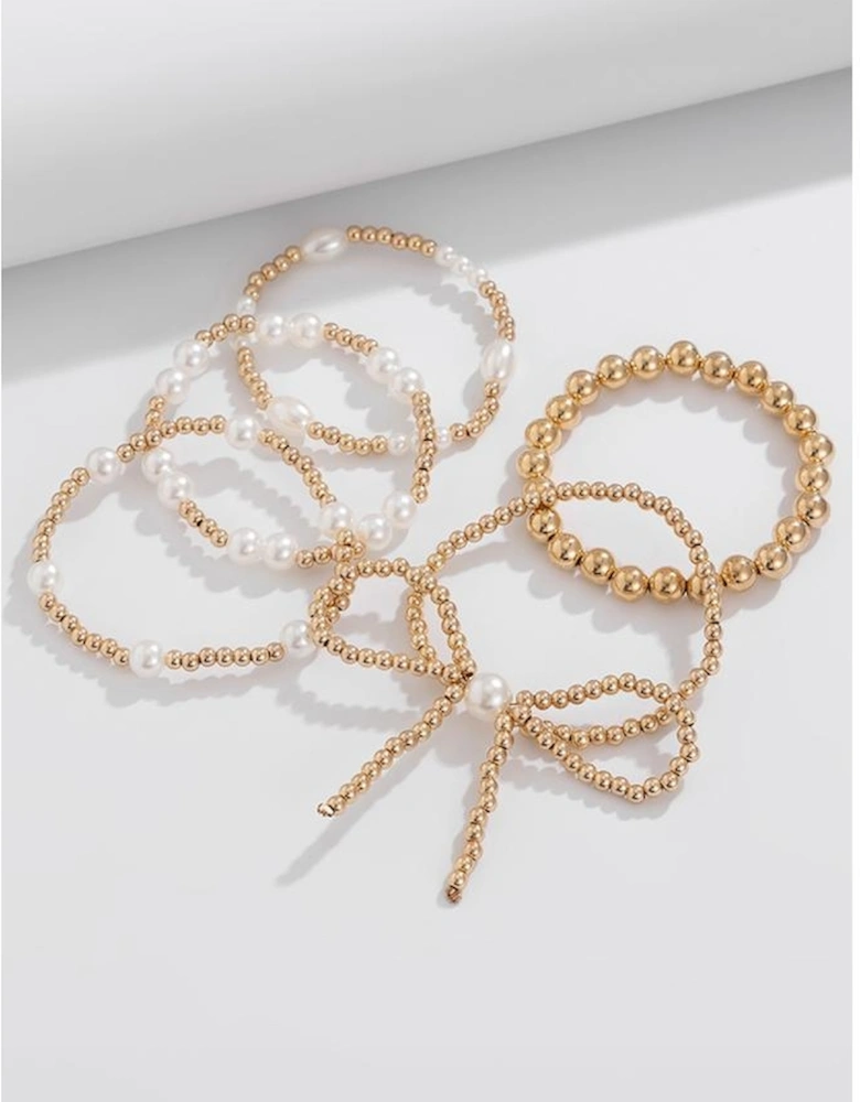 Gold Bow Knot Pearl Beaded Multi Layered Bracelet Set