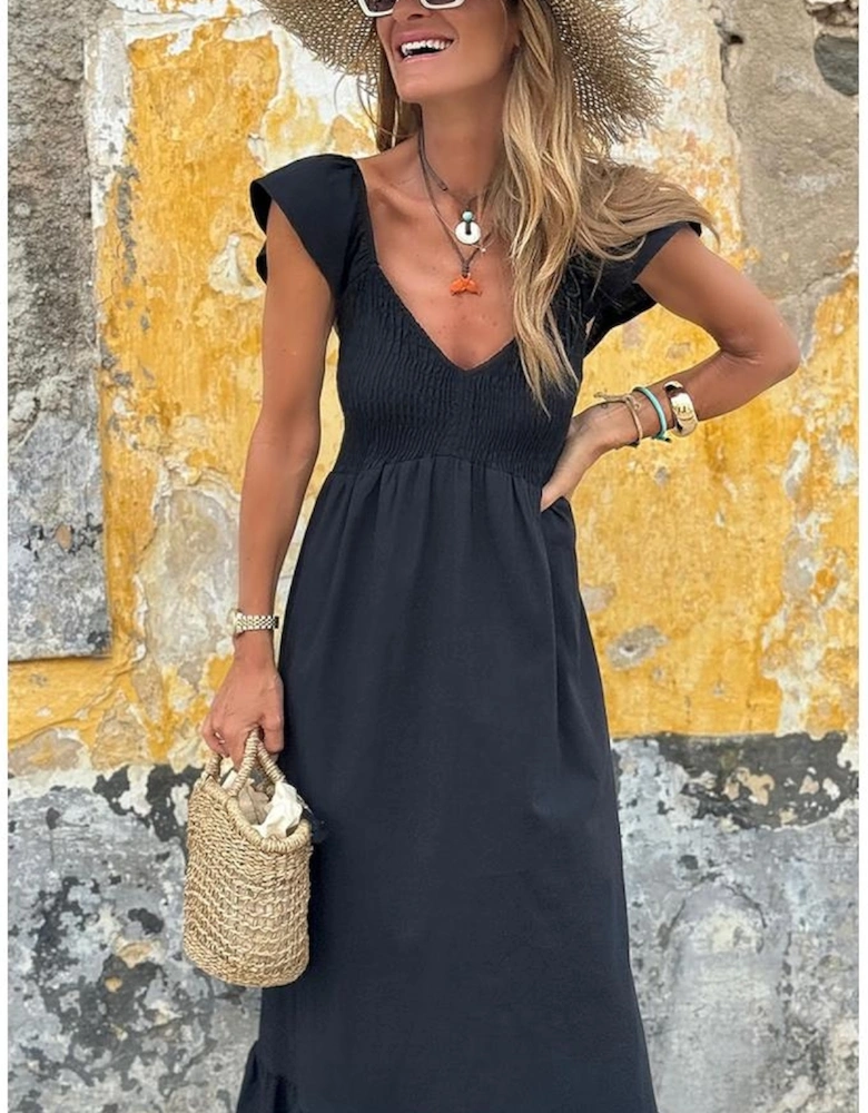 Black V Neck Flutter Sleeve Smocked Bodice High Waist Ruffle Maxi Dress