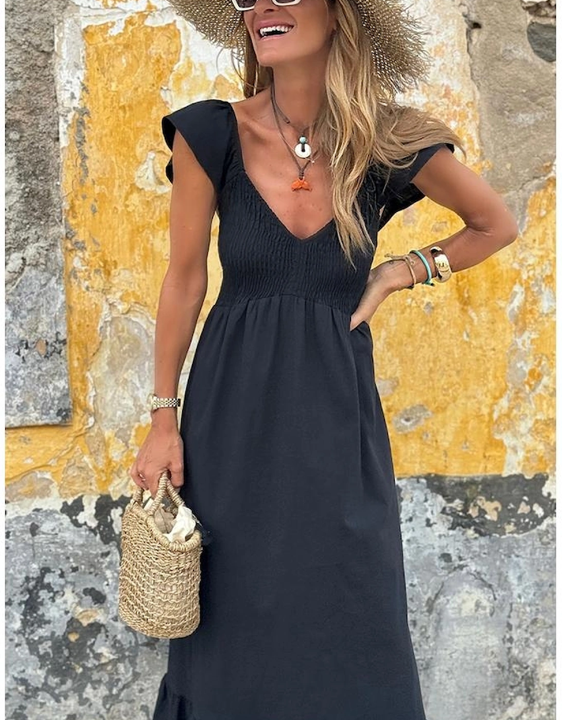 Black V Neck Flutter Sleeve Smocked Bodice High Waist Ruffle Maxi Dress, 15 of 14