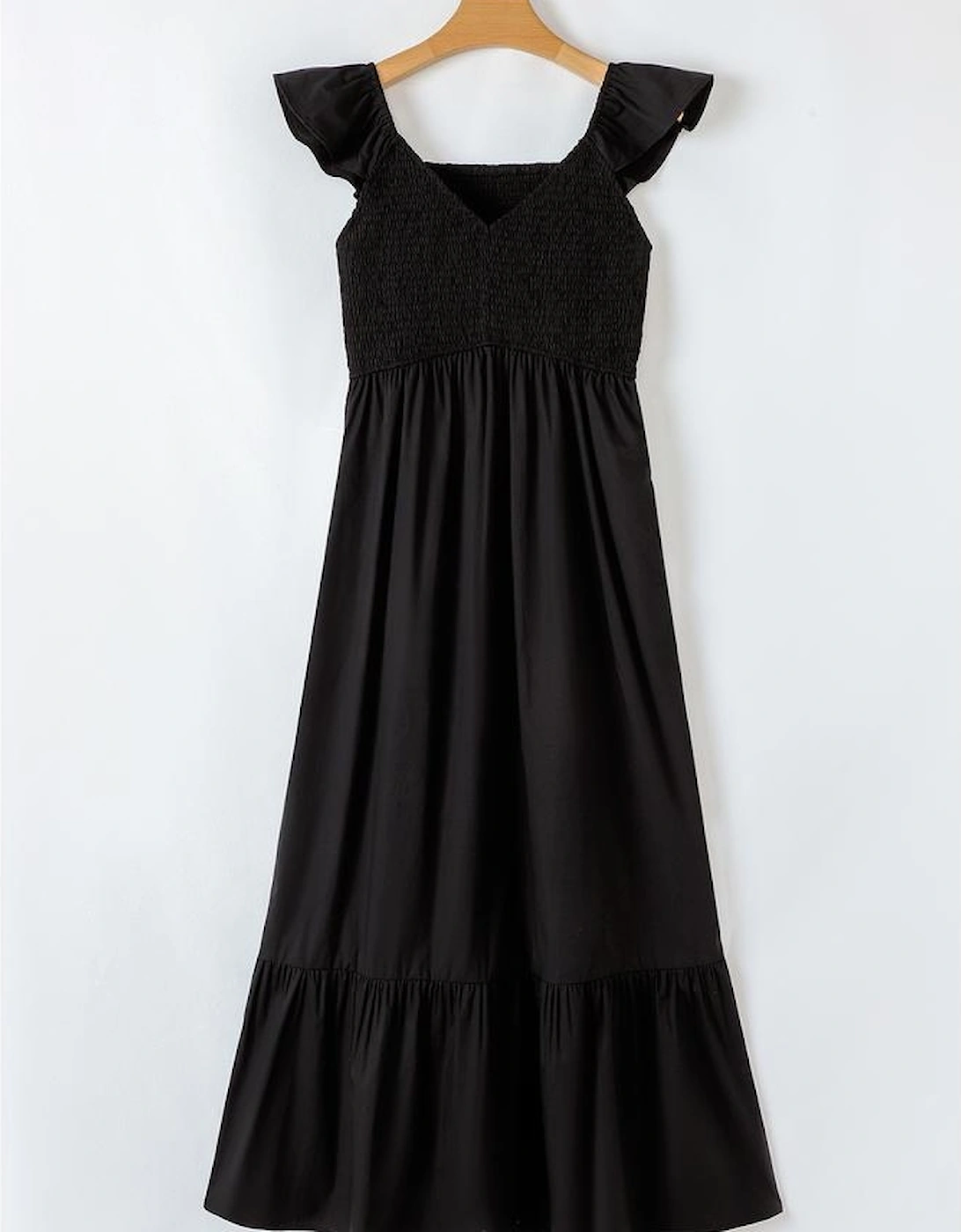 Black V Neck Flutter Sleeve Smocked Bodice High Waist Ruffle Maxi Dress