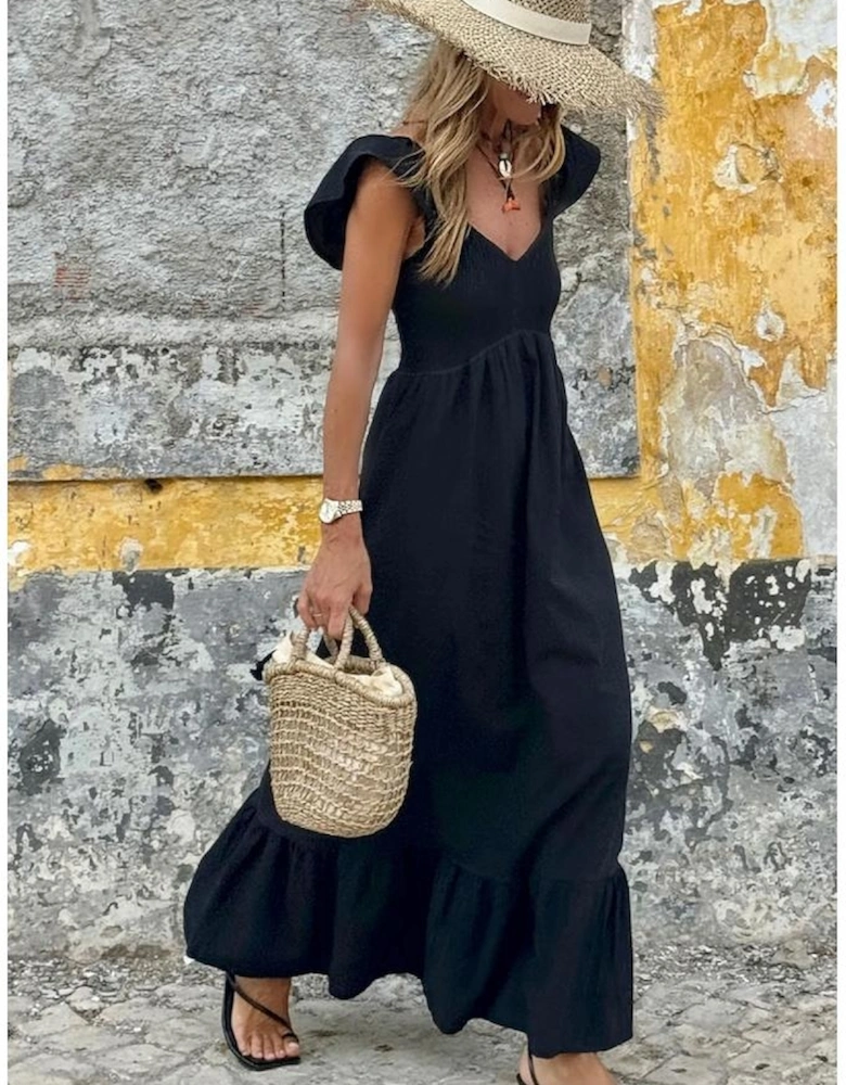 Black V Neck Flutter Sleeve Smocked Bodice High Waist Ruffle Maxi Dress