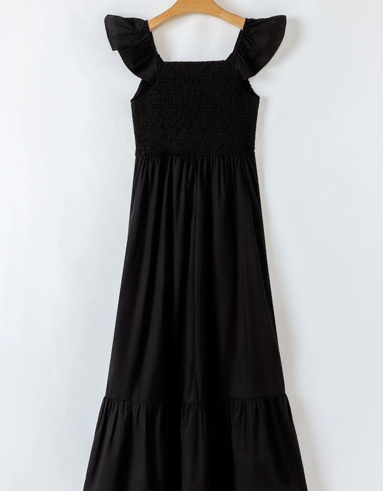 Black V Neck Flutter Sleeve Smocked Bodice High Waist Ruffle Maxi Dress