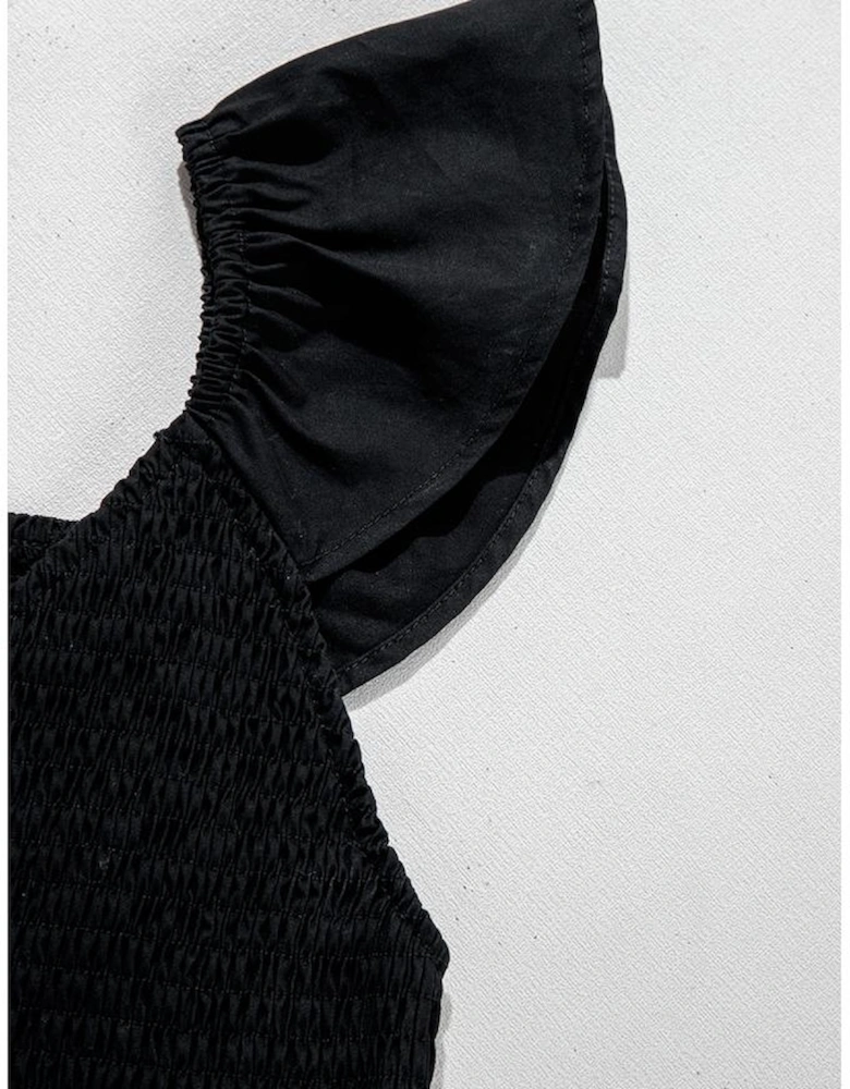 Black V Neck Flutter Sleeve Smocked Bodice High Waist Ruffle Maxi Dress