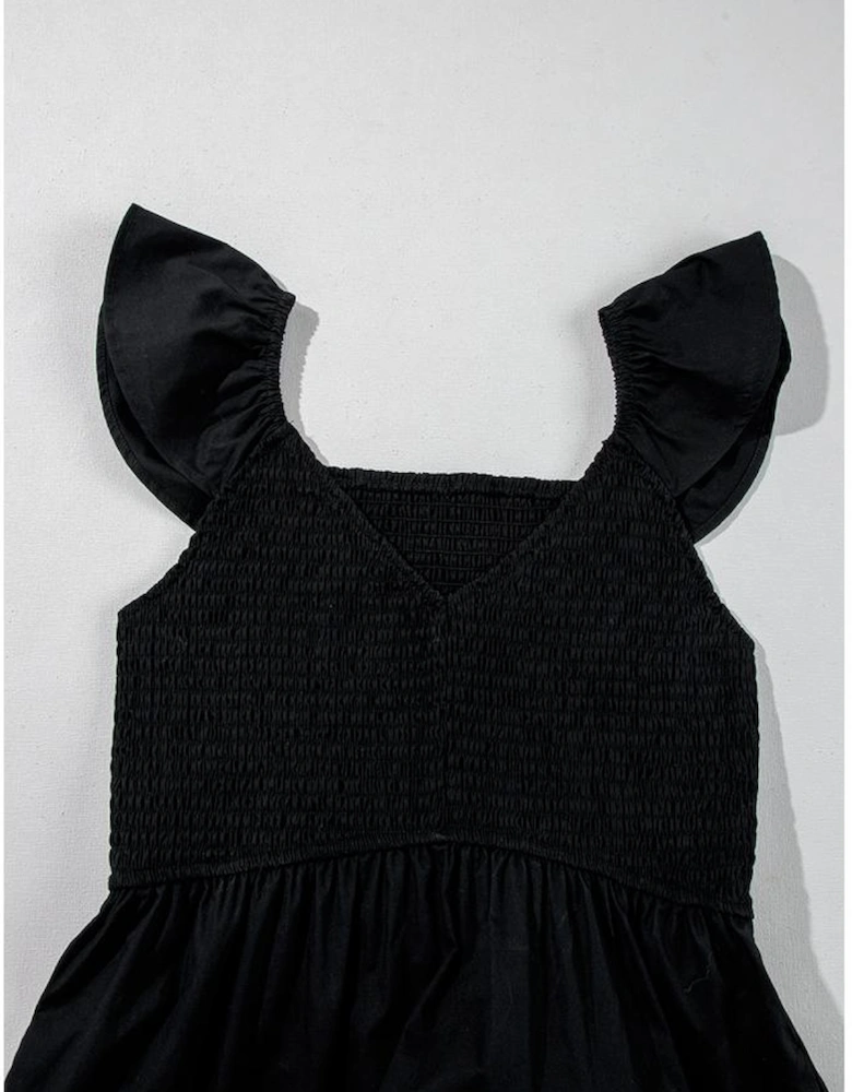 Black V Neck Flutter Sleeve Smocked Bodice High Waist Ruffle Maxi Dress