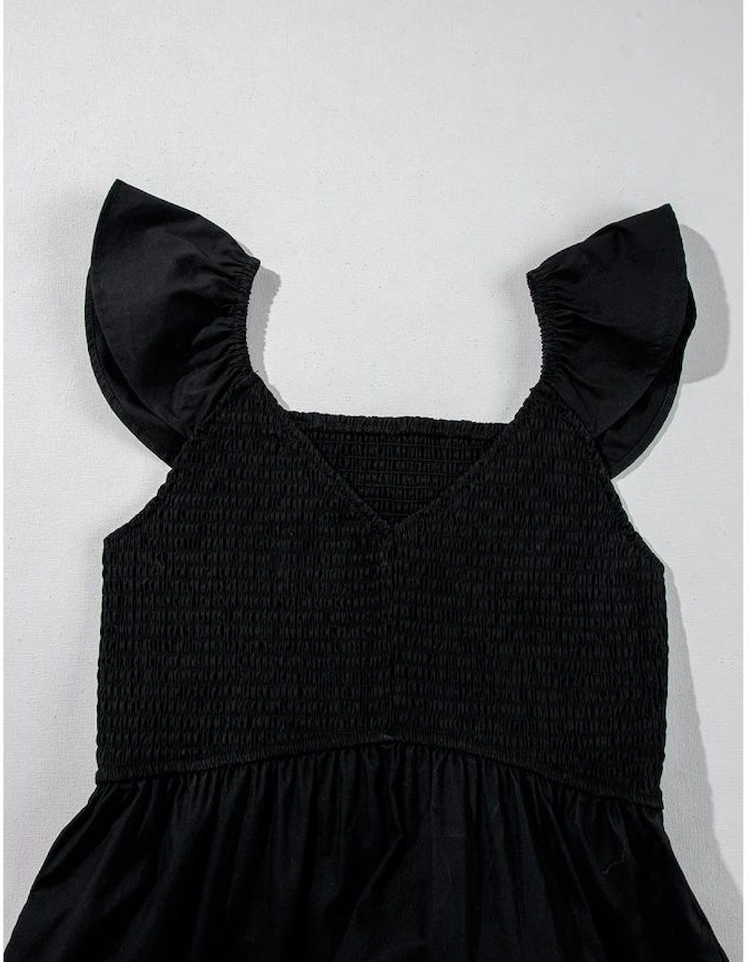 Black V Neck Flutter Sleeve Smocked Bodice High Waist Ruffle Maxi Dress