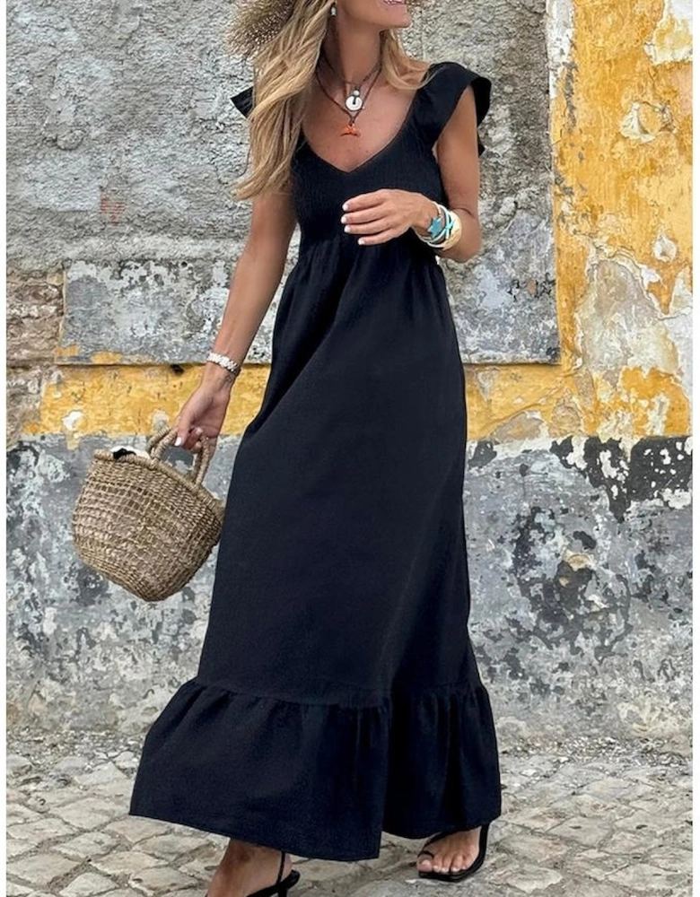 Black V Neck Flutter Sleeve Smocked Bodice High Waist Ruffle Maxi Dress