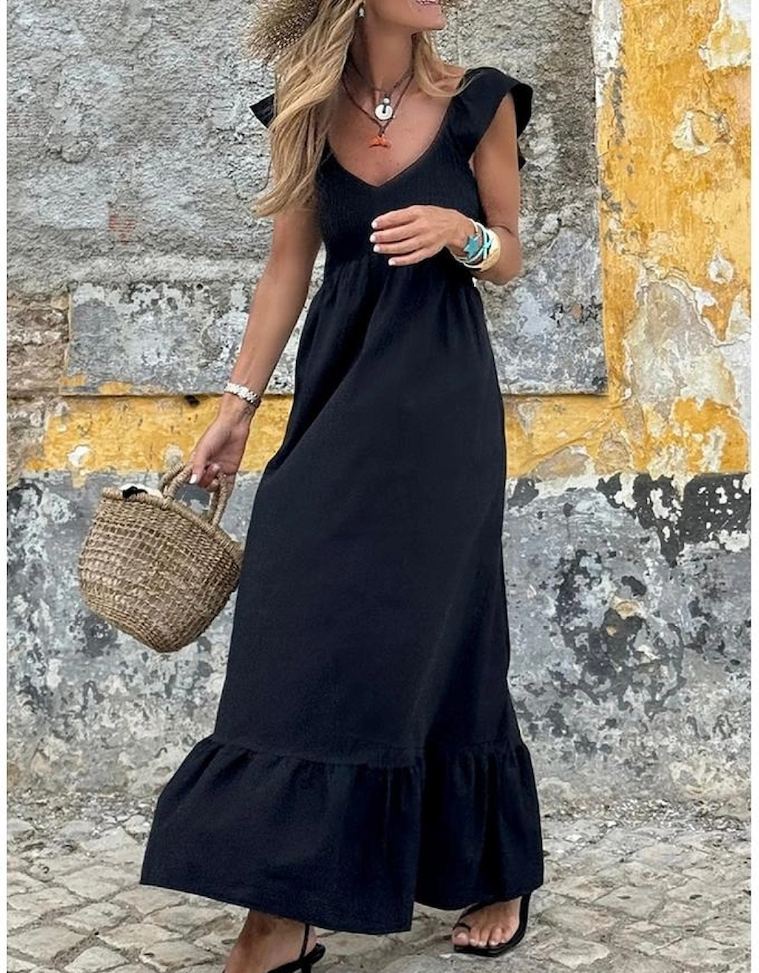 Black V Neck Flutter Sleeve Smocked Bodice High Waist Ruffle Maxi Dress