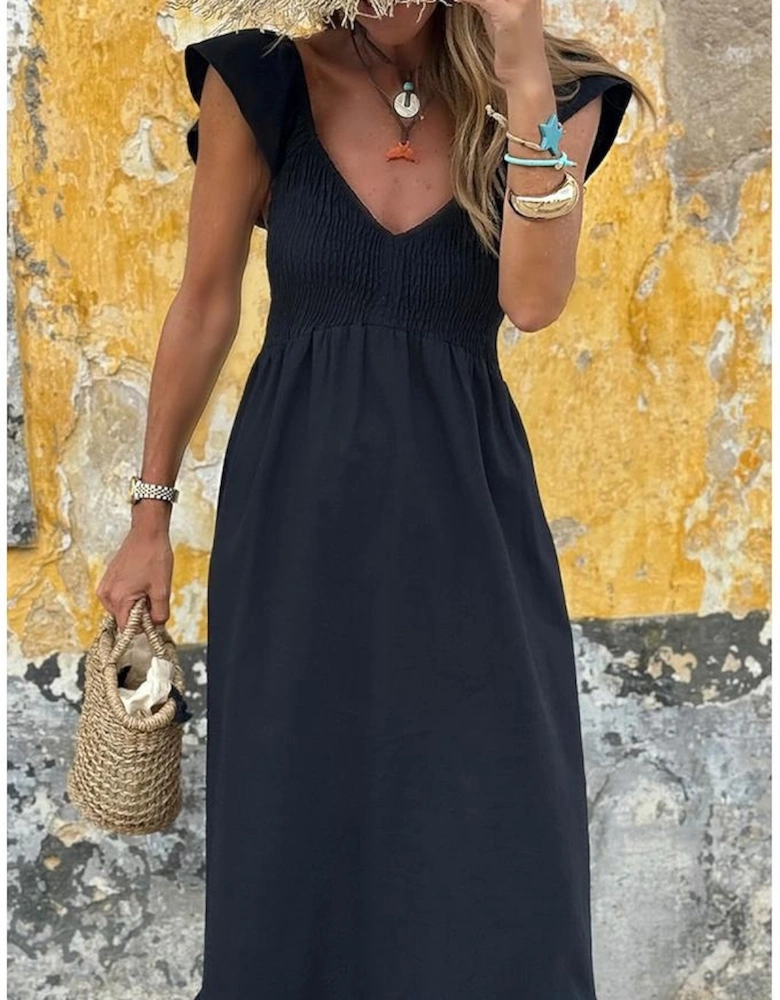 Black V Neck Flutter Sleeve Smocked Bodice High Waist Ruffle Maxi Dress