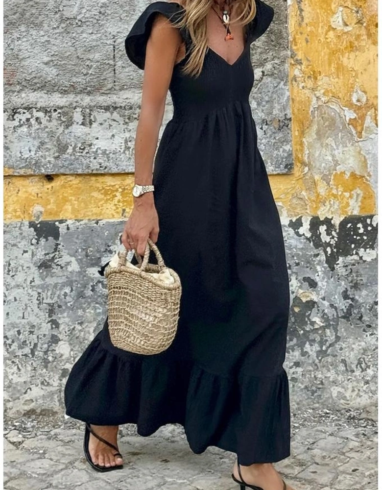 Black V Neck Flutter Sleeve Smocked Bodice High Waist Ruffle Maxi Dress