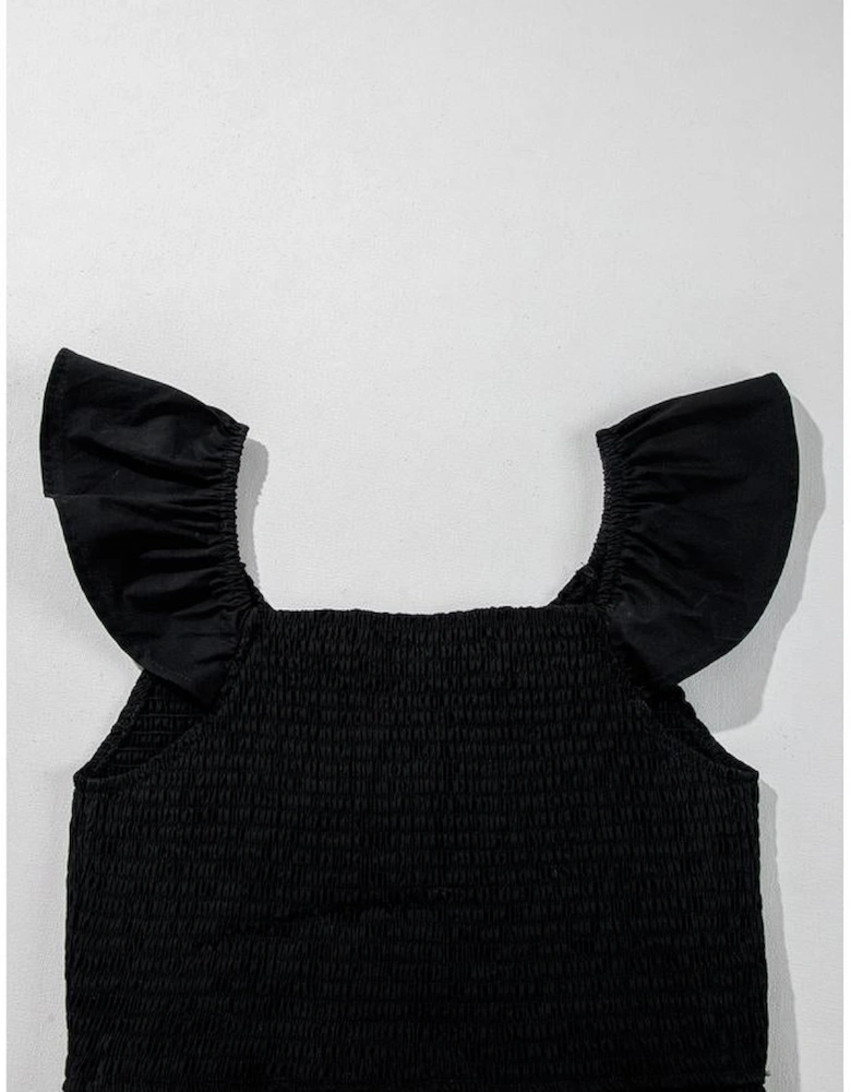 Black V Neck Flutter Sleeve Smocked Bodice High Waist Ruffle Maxi Dress