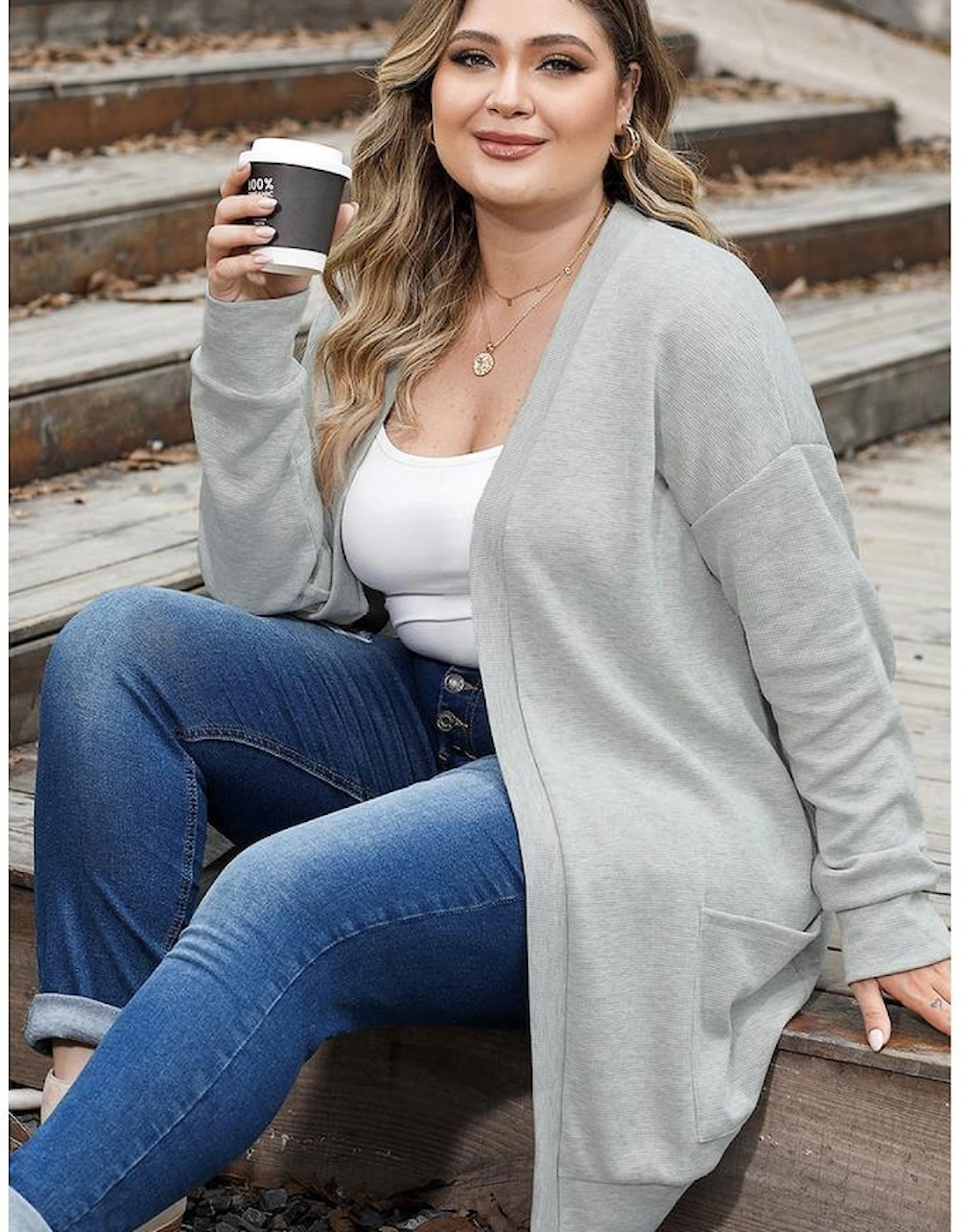 Thermal Knit Pocketed Plus Size Cardigan