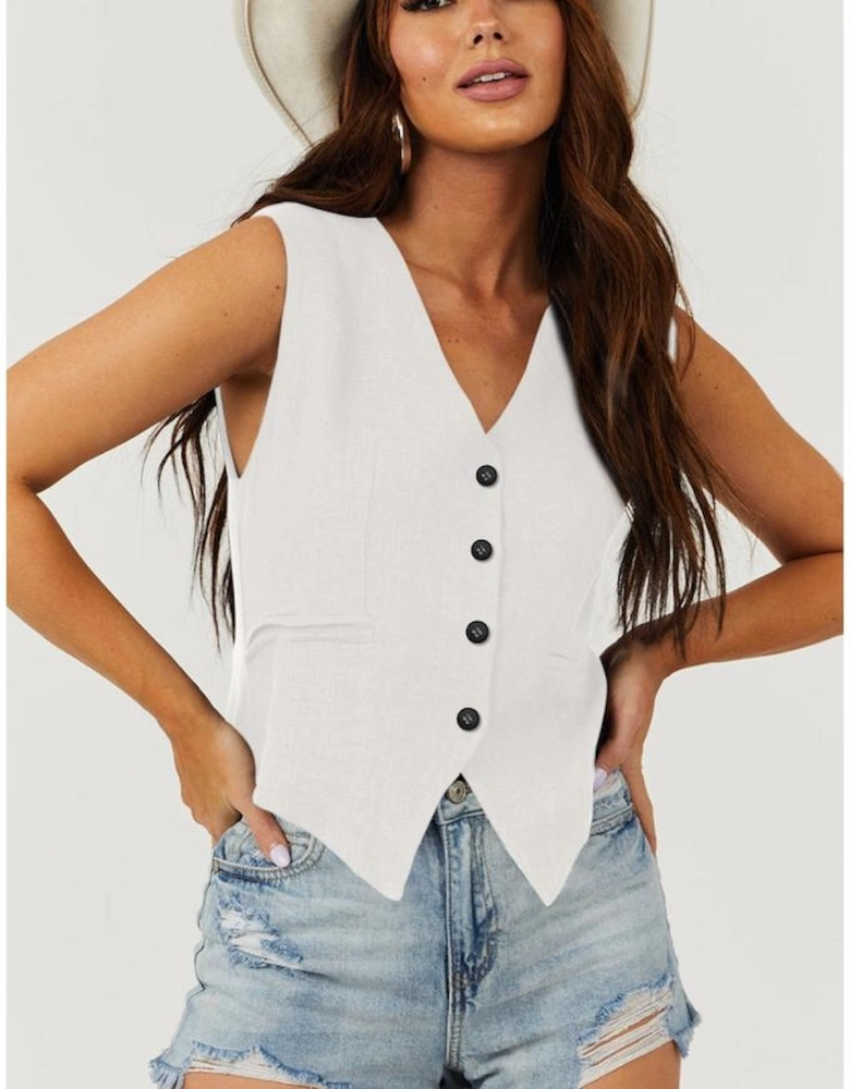 White Solid Color Button up V Neck Suit Vest