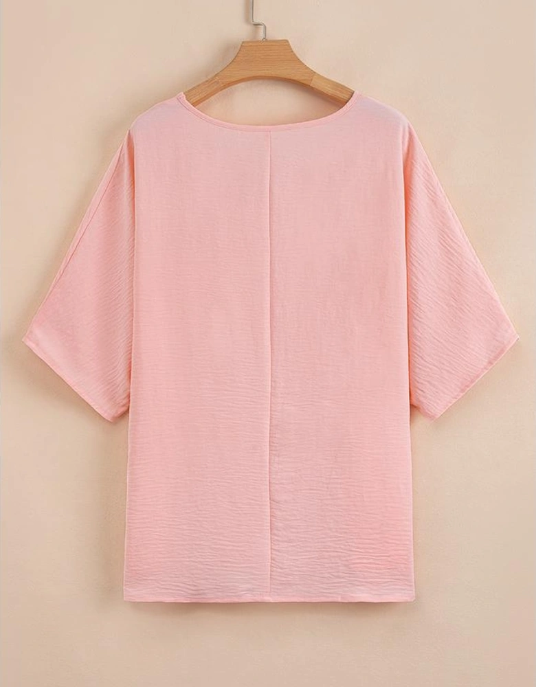 Pink Textured Half Sleeve V Neck Plus Size T Shirt with Chest Pocket