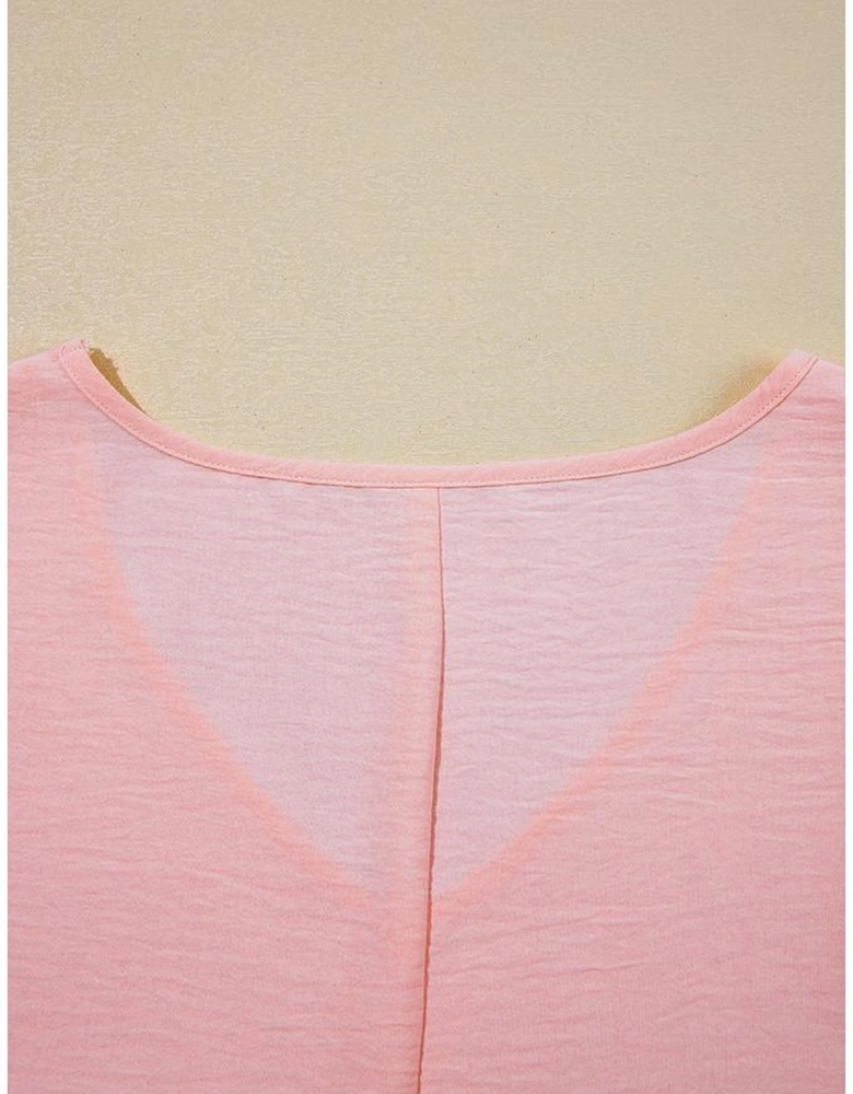 Pink Textured Half Sleeve V Neck Plus Size T Shirt with Chest Pocket