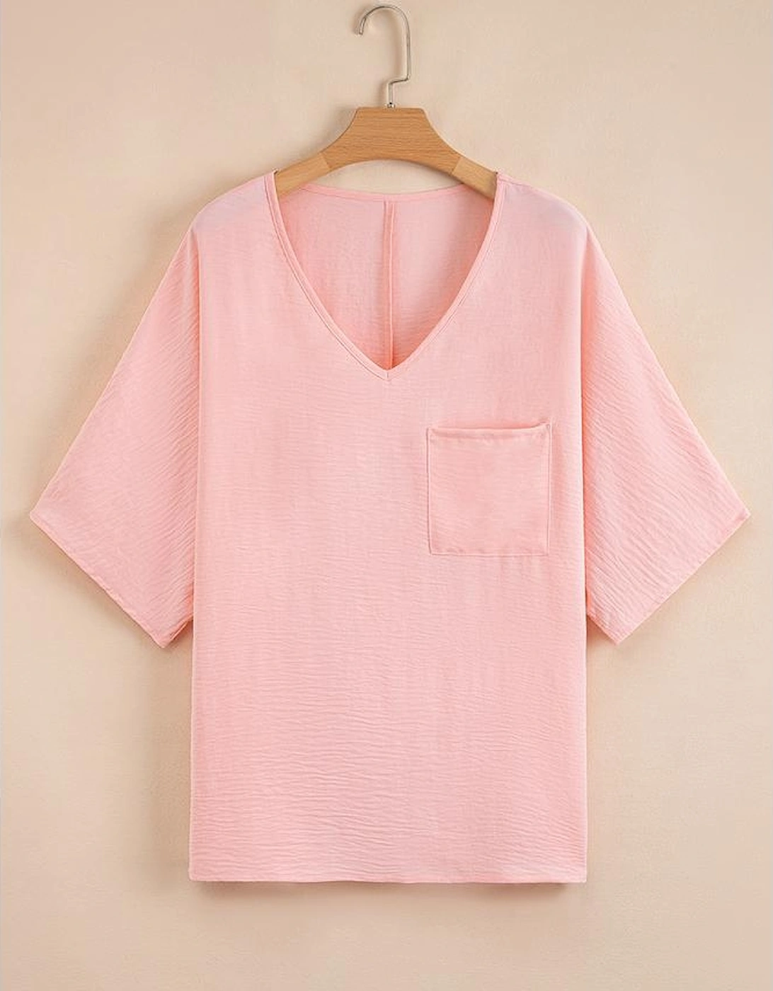 Pink Textured Half Sleeve V Neck Plus Size T Shirt with Chest Pocket