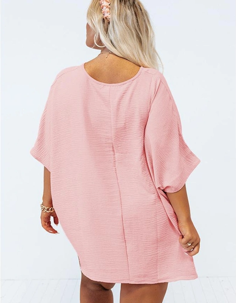 Pink Textured Half Sleeve V Neck Plus Size T Shirt with Chest Pocket