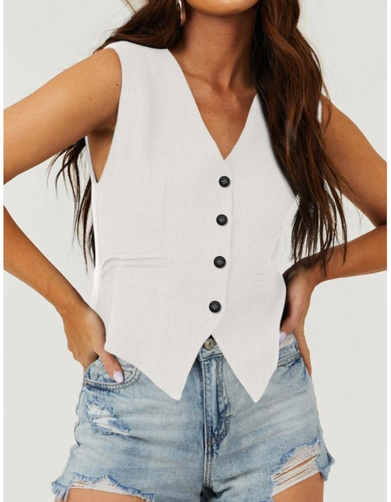 White Solid Color Button up V Neck Suit Vest